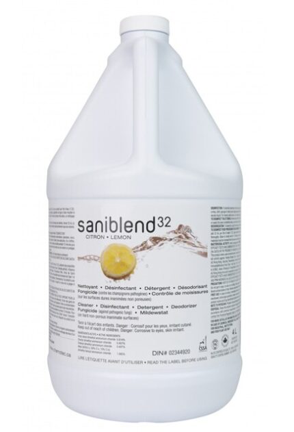 Saniblend 32 Concentrated Lemon Cleaner is a powerful, eco-friendly disinfectant that kills 99.99% of bacteria, fungi, and viruses. Its neutral pH formula is safe for all washable surfaces, leaving a fresh lemon scent. Ideal for use in various settings, including food processing facilities.